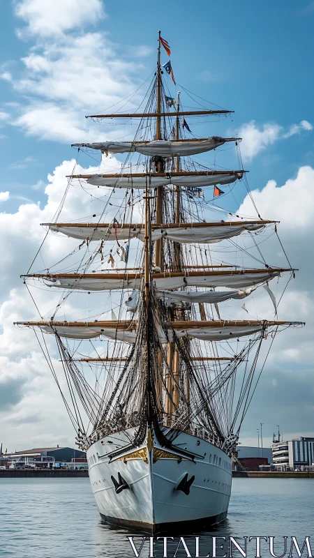 Proud tall ship glides in harbor light under soft blue sky