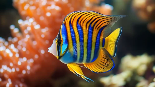 Coral-king angelfish glides through liquid fire coral glow.