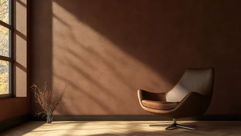 Midcentury lounge chair in sunlit corner of brown room.