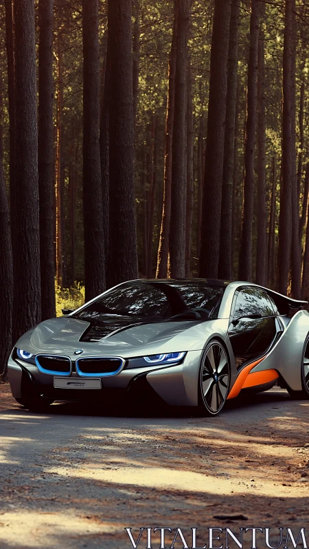 Futuristic silver coupe glides through sunlit pine forest road.