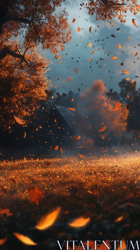 Autumn Tempest: Vortex of Falling Leaves Over Rural Homestead