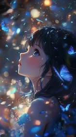 Starlit girl adrift with luminous blue butterflies and wishes.