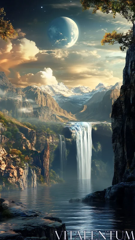 Epic alien waterfall valley under a looming blue planet.