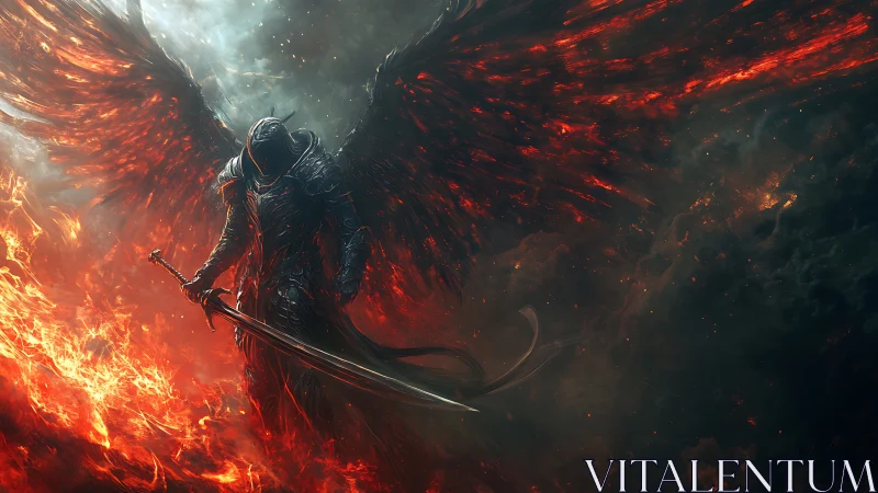 Fallen dark angel with flaming wings and greatsword in inferno.