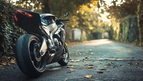 Sport bike waiting on a golden, leaf-strewn country lane.