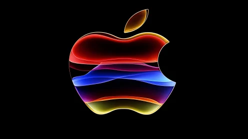 Vibrant Rainbow Apple Logo in Neon Glow Against Black
