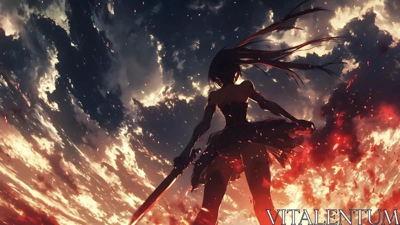 Silhouetted anime swordswoman against burning sky.