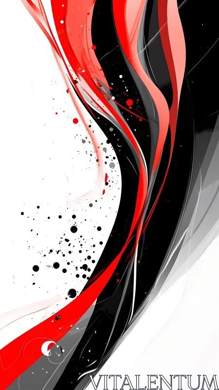 Red and black abstract waves slice through stark white field.