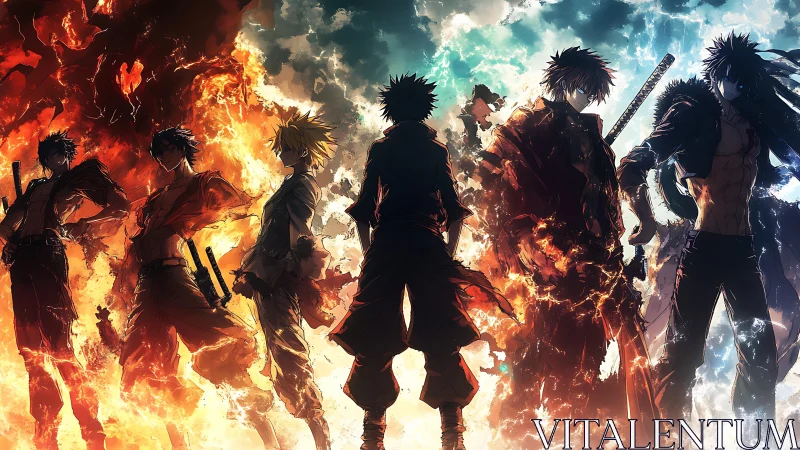 Silhouetted swordsmen aligned against fire and sky field.