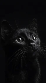 Black Cat Portrait Against Darkness. Intense Feline Gaze.