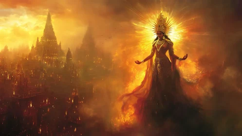 Solar crown goddess over ember cities in molten dusk.