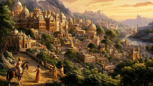 Sunlit river kingdom hums as golden hilltop temples awaken