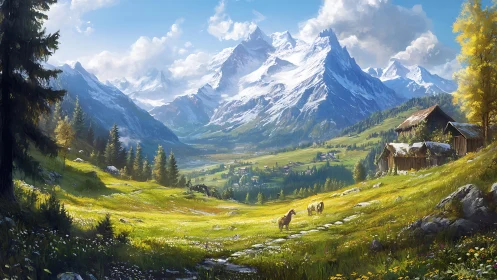 Mountain valley with pastures, farm buildings and snow peaks.