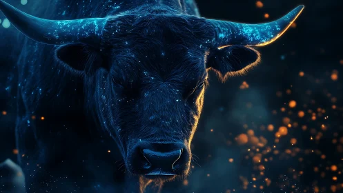 Starlit cosmic bull glowing softly in a dreamy nightscape.