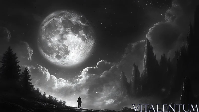 Solitary figure observes oversized moon above jagged terrain