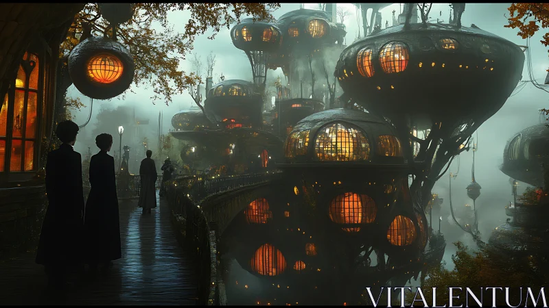 Elevated spherical dwellings in misty arboreal cityscape.