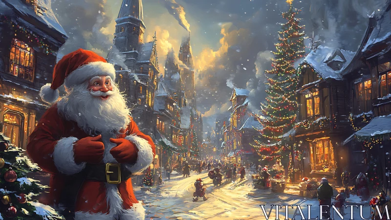 Joyful Santa strolls through a glowing snowy Christmas town