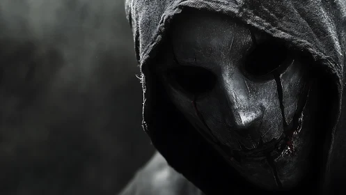 Hooded figure wears cracked metallic mask in dark space