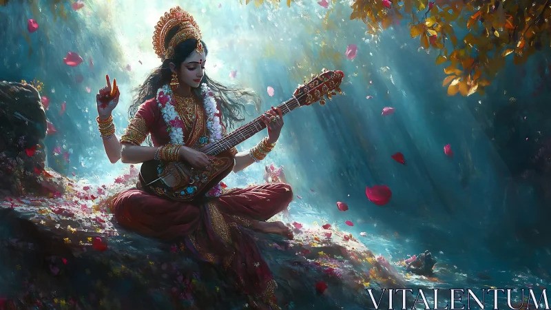 Hindu goddess figure plays veena in glowing forest scene.