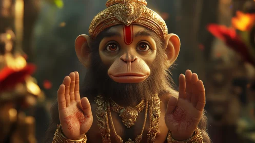 Highly detailed 3D render of young monkey deity with ornate regalia