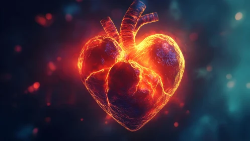 Glowing Anatomical Heart Surrounded by Abstract Light Effects.