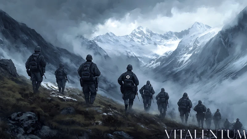 Soldiers advance through foggy alpine valley under heavy clouds