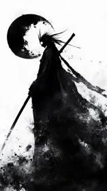Ink reaper silhouette under fractured black moon.