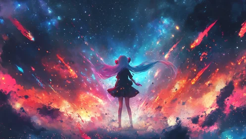 Starlit anime girl stands amid exploding cosmic nebulae.