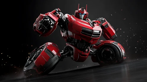 Red combat mech skids forward in a shower of sparks.