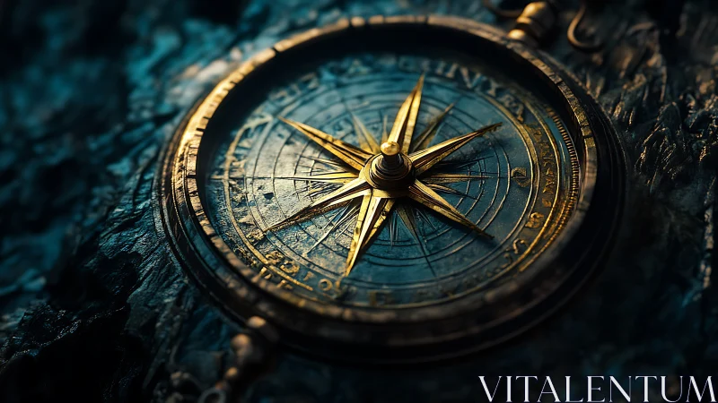 Brass nautical compass rose lies on textured stone surface