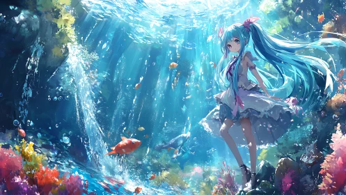 Underwater anime girl amid glowing coral and falling light.