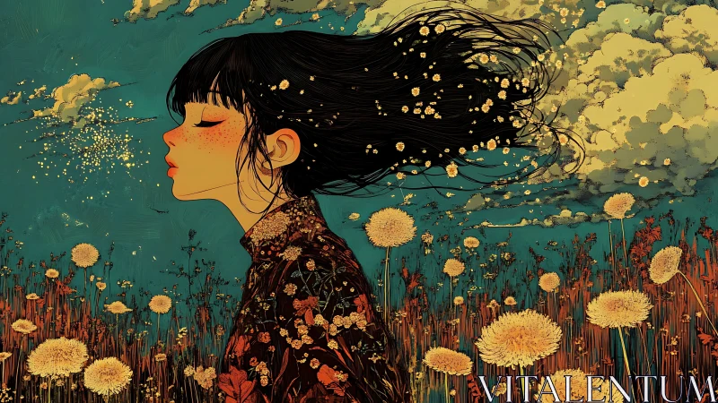 Dreaming girl in floral meadow under drifting clouds.