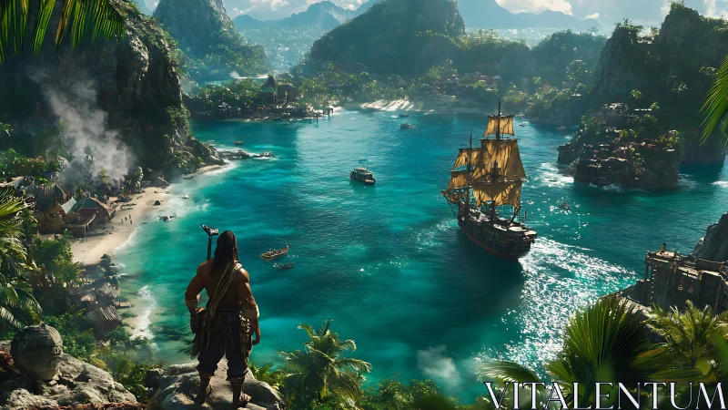 Pirate exploring tropical archipelago from cliff vantage.