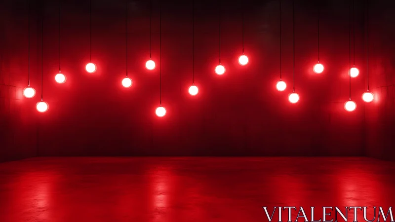 Suspended red globes in minimal dark room, soft volumetric glow