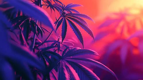 Neon cannabis leaves glow against a hazy magenta sunset light