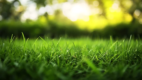 Sunlit Green Grass Close-Up With Soft Natural Bokeh Background.