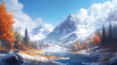 Snow-covered mountain valley with autumn forest and river.