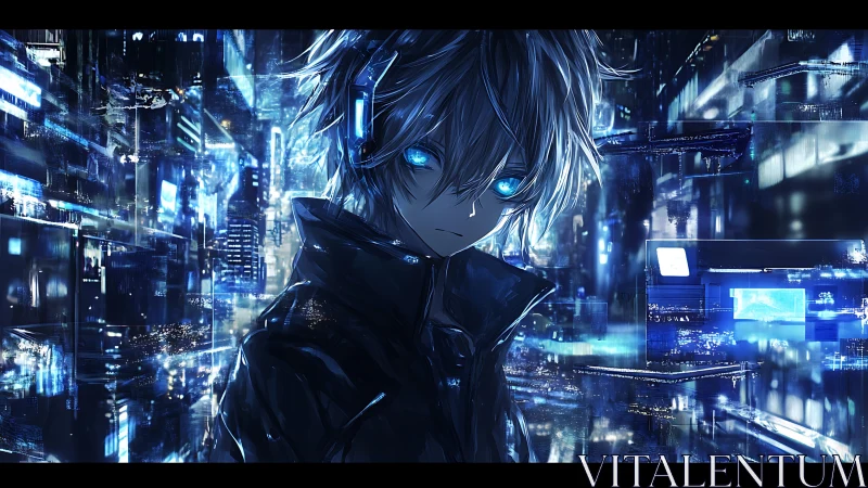 Cybernetic youth in dense neon cityscape at night.