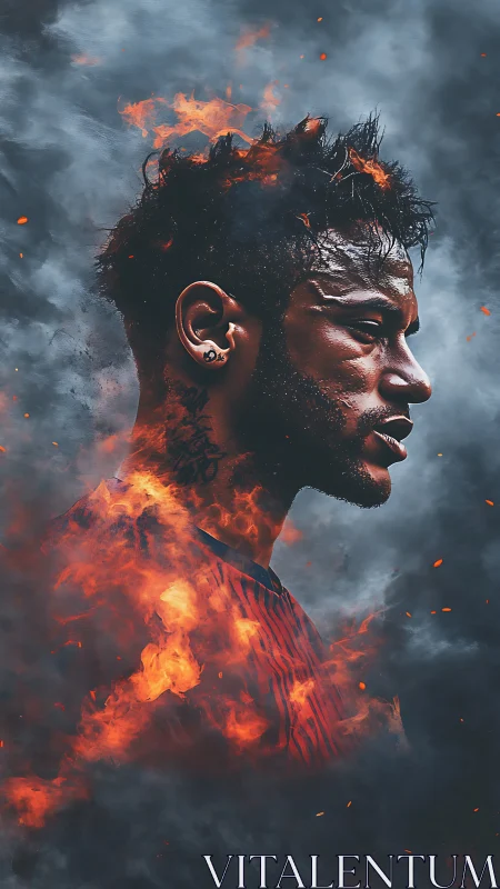 Fiery football portrait ignites determination amid smoke