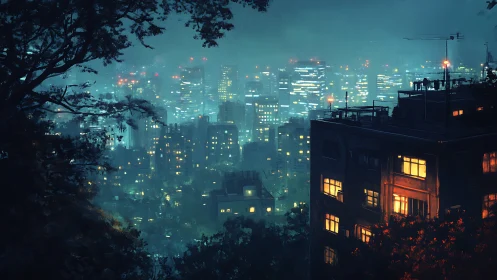 Moody rainy city skyline viewed from shadowed hillside.