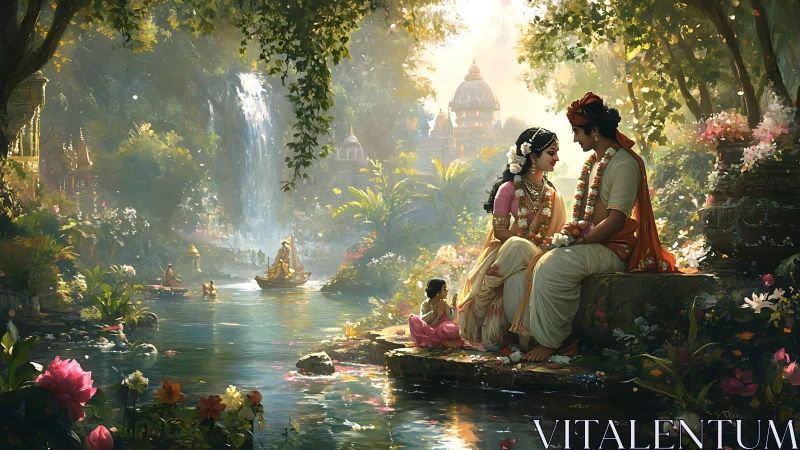 Couple by river in lush temple landscape with waterfall scene.