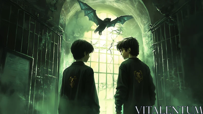 Twin boys in gothic corridor under luminous green bat light