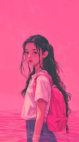 Girl with backpack standing in vivid pink water scene.
