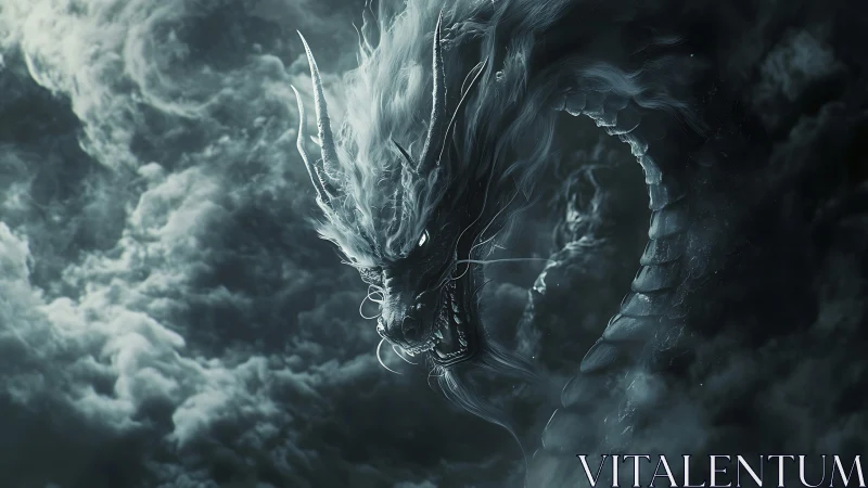 Stormlit ethereal dragon emerging through cinematic clouds.