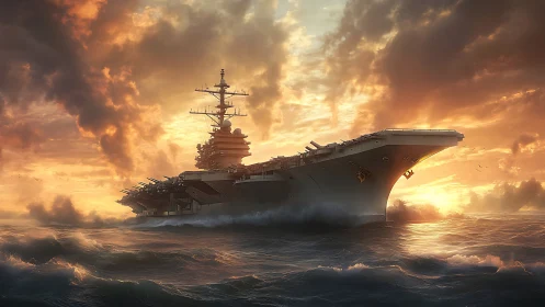 Carrier battlecruiser cuts stormy sunset waves in golden light.