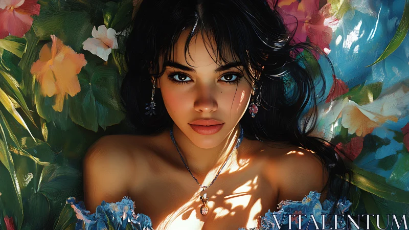 Soft sunlight embraces a dreamy woman resting in flowers