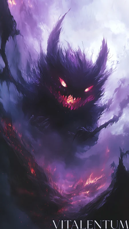 Shadow demon rises through burning violet storm clouds.