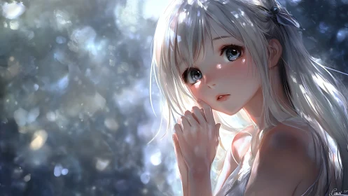 Silver haired girl under dappled forest light, soft focus.