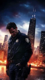 Police officer in urban night skyline with illuminated tower.