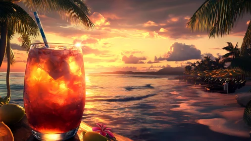 Tropical Sunset Escape: Iced Drink by Paradise Beach